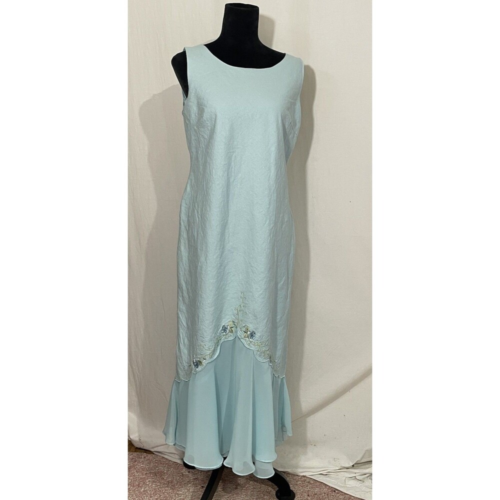 Vintage Plaza South Maxi Dress Womens 10 Baby Blue Floral Embroidered Linen